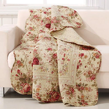 Greenland Home Antique Rose Throw Blanket, Full, Ecru & Antique Rose 100% Cotton Quilted Pillow Sham, Standard 20x26-inch, Multicolor