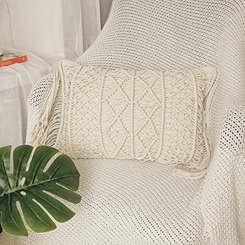  HOMESUNSHINE Macrame Lumbar Pillow Cover-Set Of 2 With Tassels Rectangualr Cushion Covers Boho Throw Pillow Cover For Couch, Sofa, Bed, Farmhouse, Chair, Dining, Patio, Outdoor, Car (B)