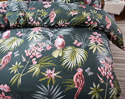  Eikei Palm Leaves Duvet Cover And Pillowcases Set Tropical Exotic Island Flowers Trees Branches Paradise Birds Bedding Jungle Plants Modern Botanical Print Long Staple Cotton (Pine Green, King)