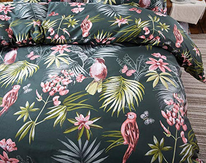  Eikei Palm Leaves Duvet Cover And Pillowcases Set Tropical Exotic Island Flowers Trees Branches Paradise Birds Bedding Jungle Plants Modern Botanical Print Long Staple Cotton (Pine Green, King)