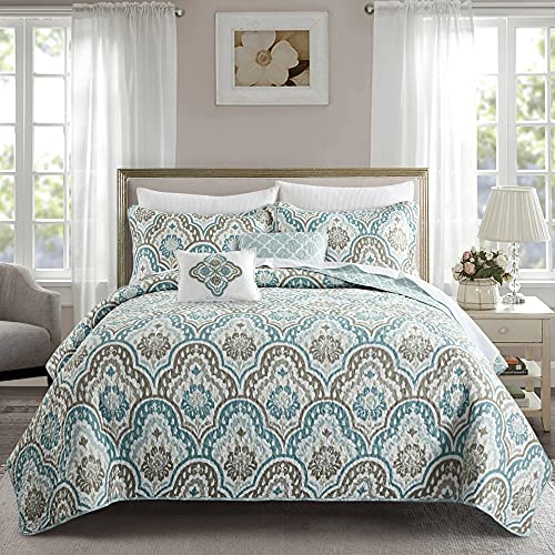  Voli Ikat Oversize 122" X 106" 5 Piece Teal Aqua Printed Prewashed Quilted Coverlet Bedspread Bed Cover Set For All Season, Lightweight Quilt Blanket With Matching Shams Pillows