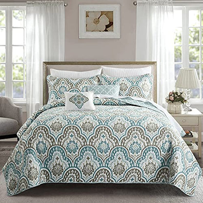  Voli Ikat Oversize 122" X 106" 5 Piece Teal Aqua Printed Prewashed Quilted Coverlet Bedspread Bed Cover Set For All Season, Lightweight Quilt Blanket With Matching Shams Pillows