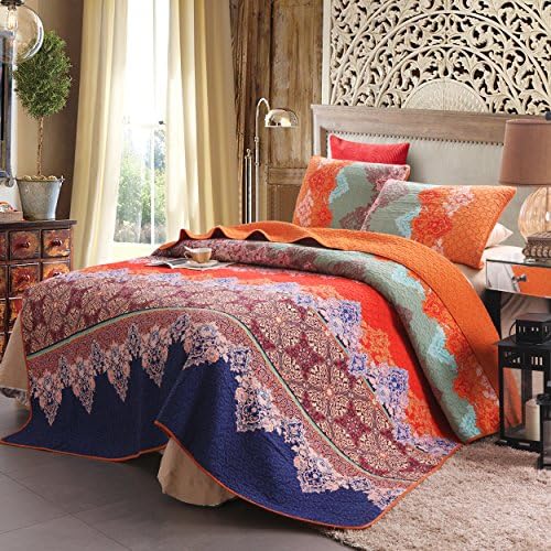  Exclusivo Mezcla Cotton Boho King Size Quilt Set, Soft Reversible Bohemian Bedspreads Lightweight Bedding Set Bed Cover For All Seasons, 3 Piece (1 Quilt, 2 Pillow Shams)