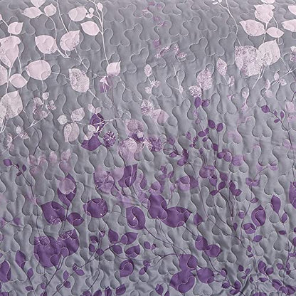  Masterplay 3-Piece Fine Printed Oversize (118" X 95") Quilt Set, Bedspread Coverlet King Size Bed Cover (Dark Grey, Purple Gradient, Vine)