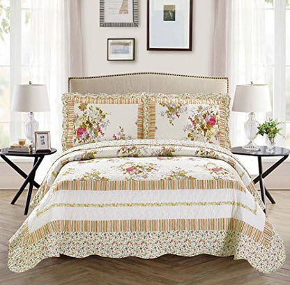  K Collection 3pc King/California King Oversize Reversible Quilted Bedspread Set Flowers Off White Green Pink Purple New