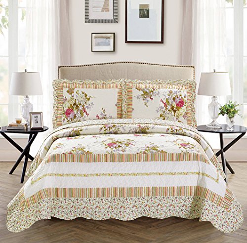  K Collection 3pc King/California King Oversize Reversible Quilted Bedspread Set Flowers Off White Green Pink Purple New