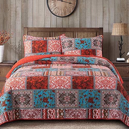  NEWLAKE Bohemian Floral Pattern Bedspread Quilt Set With Real Stitched Embroidery,Queen Size