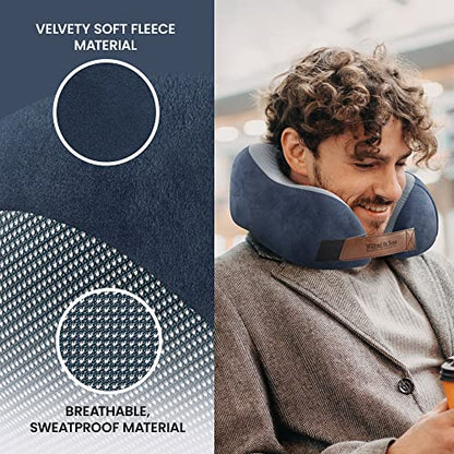  Neck Travel Pillow + Sleep Eye Mask + Ear Plugs + Bag, Soft Memory Foam, Blue Cover Washable | Journey Accessories Set: Airplane Car Bus Train Travelling Camping Gift Plane Flight Man Women Kids