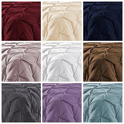  Comfy Bedding Double Needle Durable Stitching 3-Piece Pinch Pleat Comforter Set All Season Pintuck Style, Queen, Burgundy