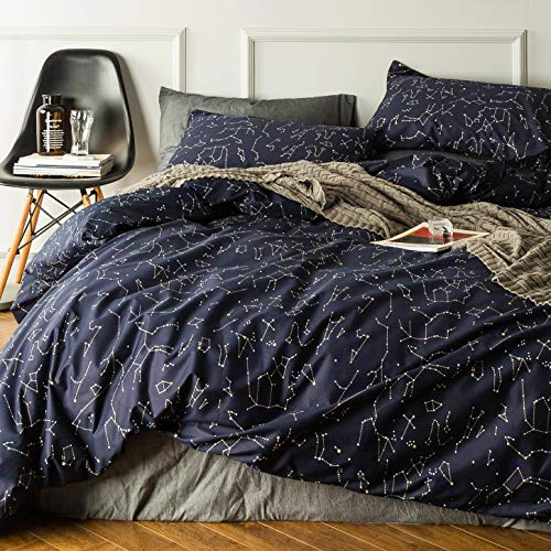  SUSYBAO Constellation Patterned Duvet Cover Queen 100% Cotton Navy Duvet Cover Set 3 Pieces 1 Navy Blue Galaxy Space Duvet Cover With Zipper Ties 2 Pillow Cases Luxury Soft Constellation Bedding Set