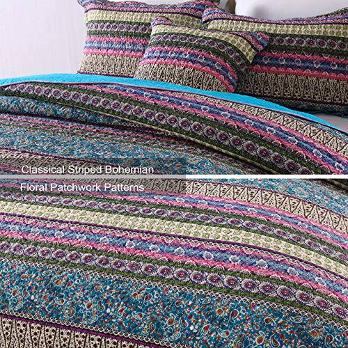  MaiuFun Cotton Bedspread Quilt Sets Queen/Full Size, Retro Blue/Purple Classical Striped Bohemian Floral Patchwork Patterns, 3-Piece Bedding Coverlet For All Season (1 Quilt + 2 Pillow Shams)