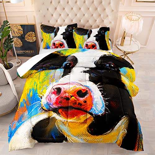  BSNTHO Cute Cartoon Cow Bedding Cot Bedding Set Tie Dye Comforter Set Queen Size 3D Bull Cattle Animal Comforter Set Farmhouse Cow Bedroom 1 Comforter 2 Pillowcase