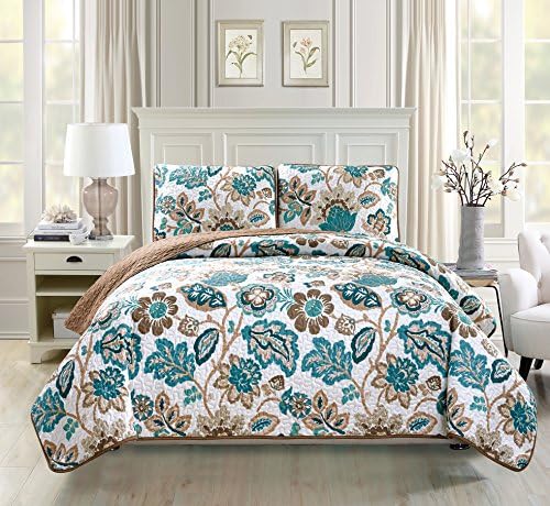  K Collection 3pc Bedspread Coverlet Quilted Floral Off White Green Brown King/California King Over Size 118" X 95" #Venice New