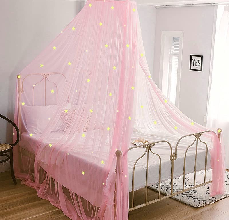  Bed Canopy For Girls, Glowing Stars Princess Bed Tent, Bed Curtain Room Decor Luminous Mosquito Net For Baby, Kids(Pink)