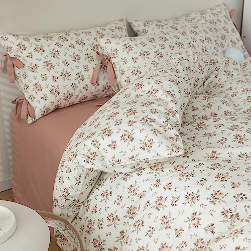  VM VOUGEMARKET Pink Flower Duvet Cover Set Twin 3 Pieces Girls Cottagecore Bedding Set 100% Cotton Peach Floral Comforter Cover With Zipper Closure,Vintage Country Bedding-68x86 Inch