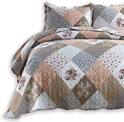  ENJOHOS Quilts Queen Size Queen Quilt Set Grey Quilt Bedspread Reversible Patchwork Floral Coverlet Set, Lightweight Country Quilts Bedding Set With 2 Pillow Shams（Grey Flower Plaid2）
