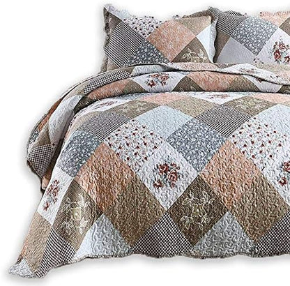  ENJOHOS Quilts Queen Size Queen Quilt Set Grey Quilt Bedspread Reversible Patchwork Floral Coverlet Set, Lightweight Country Quilts Bedding Set With 2 Pillow Shams（Grey Flower Plaid2）