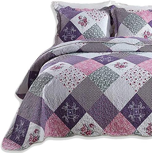  ENJOHOS Quilts Queen Size Queen Quilt Set Grey Quilt Bedspread Reversible Patchwork Floral Coverlet Set, Lightweight Country Quilts Bedding Set With 2 Pillow Shams（Grey Flower Plaid2）