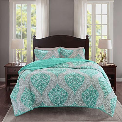  Reversible Quilt Set - Vermicelli Stitching Bohemian Design, All Season, Lightweight, Coverlet Bedspread Bedding, Shams, Twin/Twin XL(66"x90") Adele Aqua Medallion 2 Piece