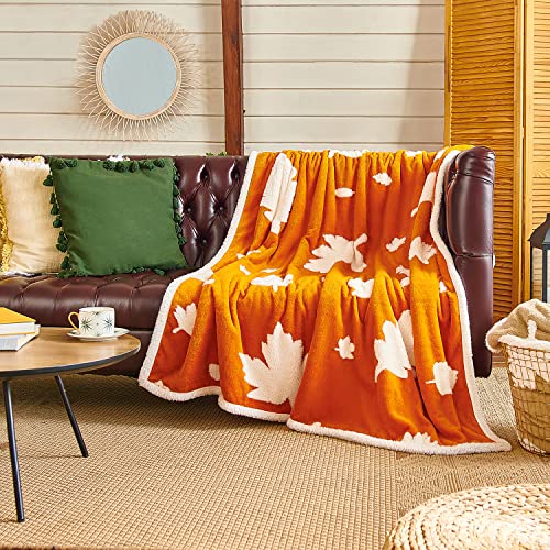  Fall Throw Blanket For Couch - 50x60 Burnt Orange - Soft Sherpa - Autumn Decorations For Home