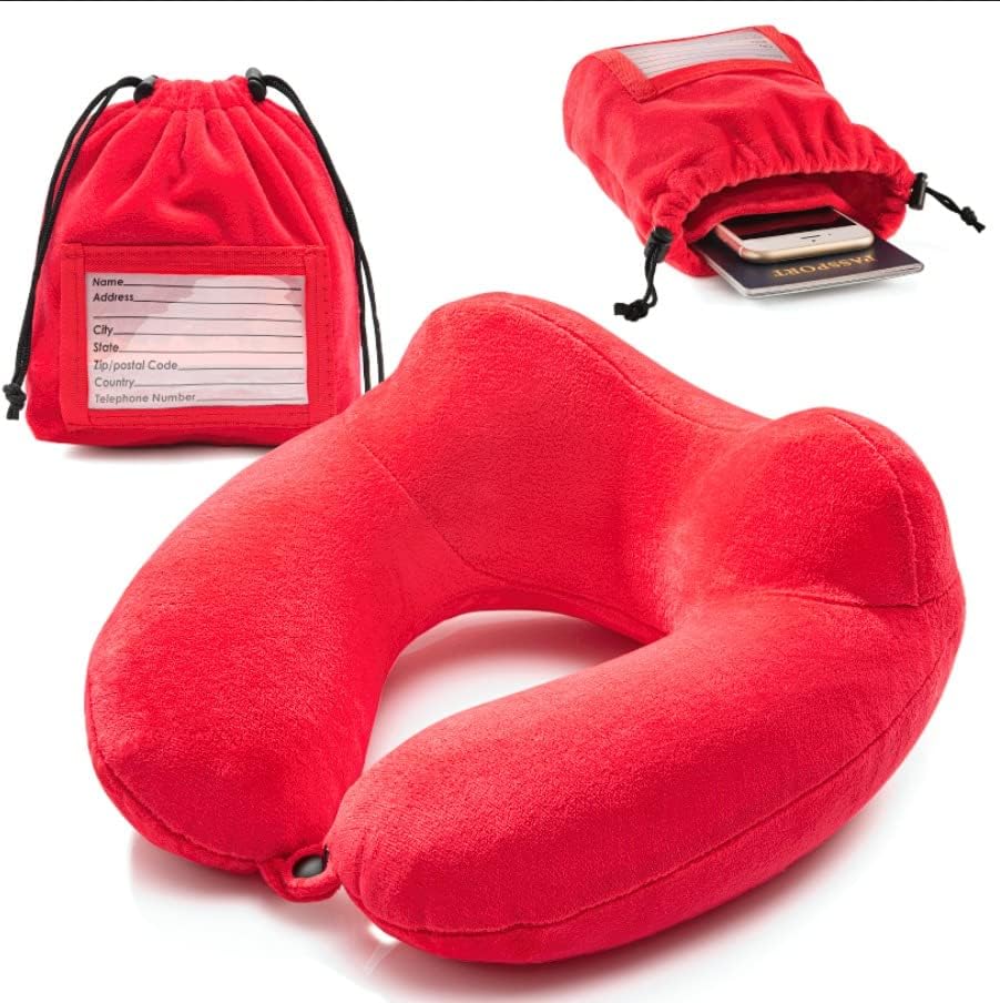 Inflatable Travel Neck Pillow: Extra-Soft, Cushion. For Airplanes, Trains, Cars, Portable Travel Accessory-With Carrying Pouch For Cell Phone And Passport Etc. (Blue)