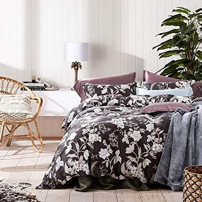  Exotic Modern Floral Print Bedding Birds Flowers Dusty Grey Design 100% Cotton Duvet Cover 3pc Set Hibiscus Blossom Branches In Muted Gray Blue (King, Egret White)