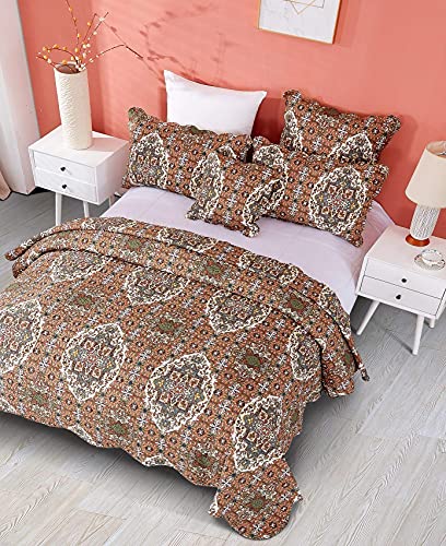  DaDa Bedding Earthy Cross Motif Folk Bedspread - Cozy Arabian Moroccan Ogee Rustic Antique Style Quilted Coverlet Set - Scalloped Edges Warm Tones Burnt Orange Brown Olive Green - Cal King - 3-Pieces