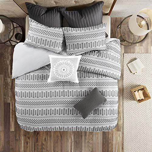  INK+IVY Luxurious Cotton-Bedding Set - Mid Century Trendy Geometric Design, All Season Cozy-Cover With Matching-Shams, King/Cal King, Rhea Jacquard Black/Multi