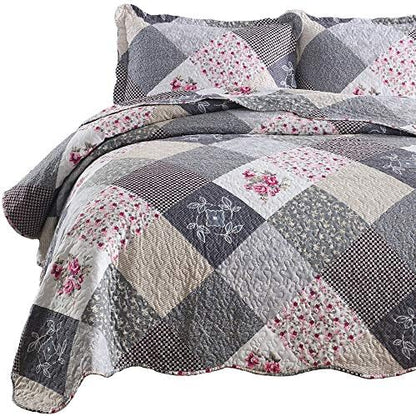  ENJOHOS Quilts Queen Size Queen Quilt Set Grey Quilt Bedspread Reversible Patchwork Floral Coverlet Set, Lightweight Country Quilts Bedding Set With 2 Pillow Shams（Grey Flower Plaid2）