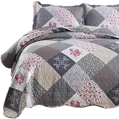  ENJOHOS Quilts Queen Size Queen Quilt Set Grey Quilt Bedspread Reversible Patchwork Floral Coverlet Set, Lightweight Country Quilts Bedding Set With 2 Pillow Shams（Grey Flower Plaid2）