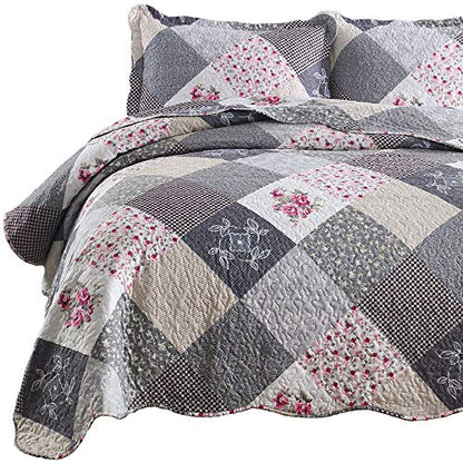  ENJOHOS Quilts Queen Size Queen Quilt Set Grey Quilt Bedspread Reversible Patchwork Floral Coverlet Set, Lightweight Country Quilts Bedding Set With 2 Pillow Shams（Grey Flower Plaid2）