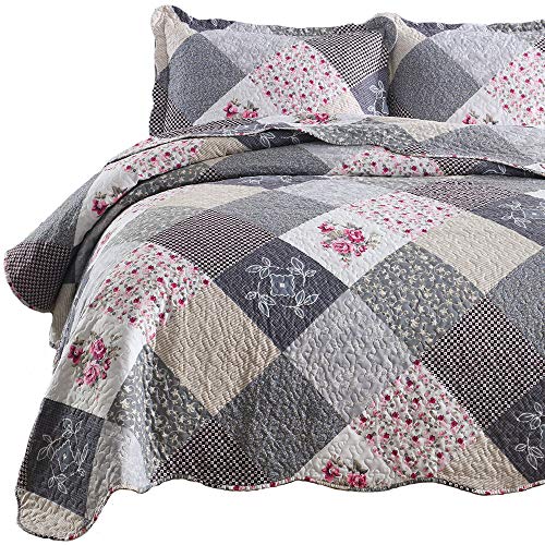  ENJOHOS Quilts Queen Size Queen Quilt Set Grey Quilt Bedspread Reversible Patchwork Floral Coverlet Set, Lightweight Country Quilts Bedding Set With 2 Pillow Shams（Grey Flower Plaid2）