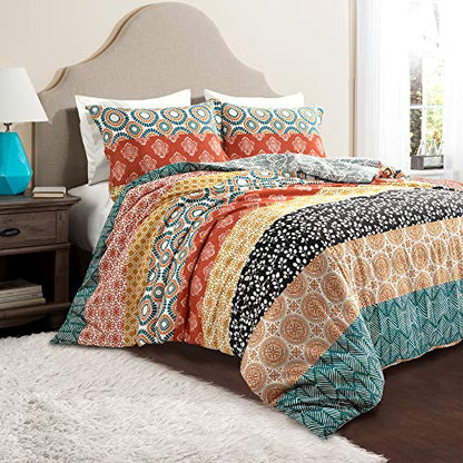  Lush Decor Bohemian Stripe Reversible Cotton 3 Piece Duvet Cover Set, Full/Queen, Turquoise & Orange