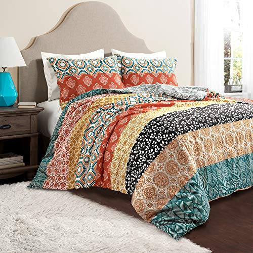  Lush Decor Bohemian Stripe Reversible Cotton 3 Piece Duvet Cover Set, Full/Queen, Turquoise & Orange