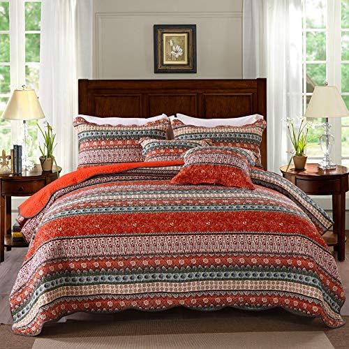  MaiuFun Cotton Bedspread Quilt Sets Queen/Full Size, Retro Blue/Purple Classical Striped Bohemian Floral Patchwork Patterns, 3-Piece Bedding Coverlet For All Season (1 Quilt + 2 Pillow Shams)