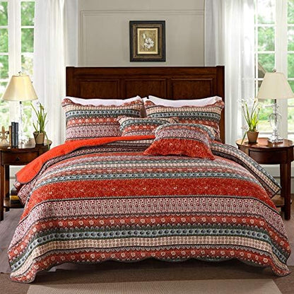  MaiuFun Cotton Bedspread Quilt Sets Queen/Full Size, Retro Blue/Purple Classical Striped Bohemian Floral Patchwork Patterns, 3-Piece Bedding Coverlet For All Season (1 Quilt + 2 Pillow Shams)