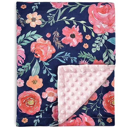  Baby Blanket For Girls Super Soft Double Layer Minky With Dotted Backing, Elegant Receiving Blanket With Pink Floral Multicolor Printed Blanket 30 X 40 Inch(75x100cm), Navy Blue