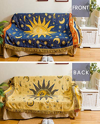  Sun And Moon Stars Hippie Throw Blanket Celestial Tapestry Double-sided Reversible Woven Cotton Home Decor Bedding Chair Couch Recliner Cover Loveseat Rug Oversized Tassels Blue Yellow (71x51)