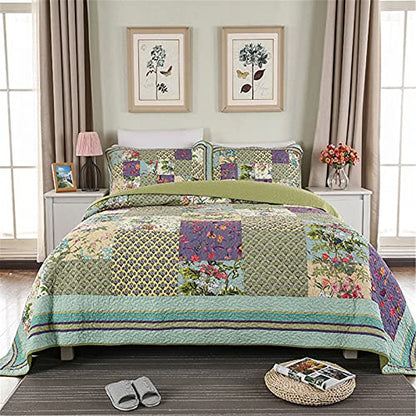  ABREEZE Lavender Green Comforter King Luxury Quilt Set Frosted Pastel Gardenia Bohemian Cotton Patchwork Quilted Coverlet Bedspread Set Green Purple Quilt King Patchwork Quilt