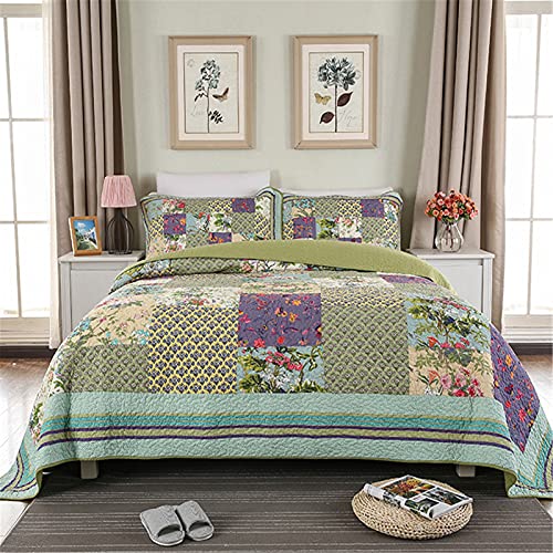  ABREEZE Lavender Green Comforter King Luxury Quilt Set Frosted Pastel Gardenia Bohemian Cotton Patchwork Quilted Coverlet Bedspread Set Green Purple Quilt King Patchwork Quilt