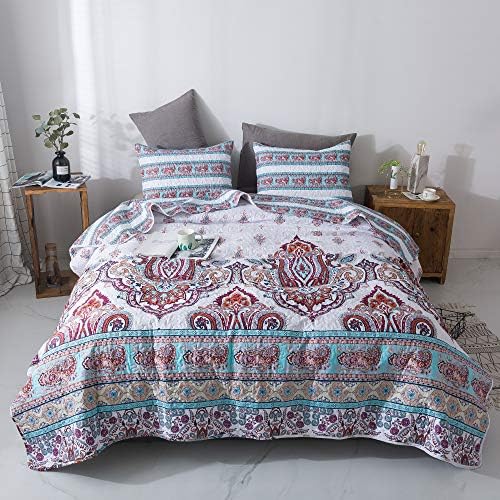  Hemian Reversible Cozy Paisley Floral Bedspread Set - Bright Buta Folky Vibrant Colorful Coverlet - Turquoise Blue Red Orange With White Background - Cal King - 3-Pieces