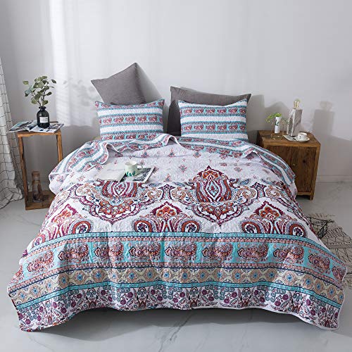  Hemian Reversible Cozy Paisley Floral Bedspread Set - Bright Buta Folky Vibrant Colorful Coverlet - Turquoise Blue Red Orange With White Background - Cal King - 3-Pieces