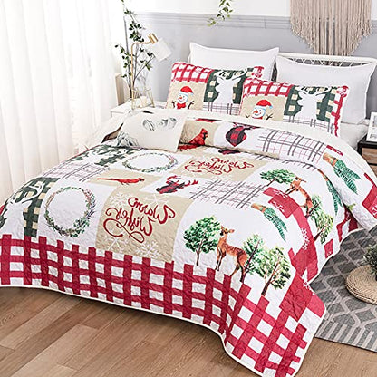  Christmas Quilt Set Twin Rustic Christmas Santa Tree Snowman Pattern Printed Bedding Solid Quilted Bedspread Coverlet With 1 Pillow Shams For All Seasons, Soft Microfiber Quilt 68x86 Inches