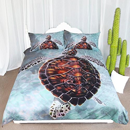  Honu Sea Turtle Bedding White Indigo Hawaiian Duvet Cover Turtles Bed Set Beach Theme Bed Spread For Summer (Queen)