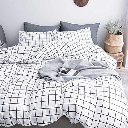  Queen Duvet Cover Set Grid, 90x90 Soft Bedding Cover, Luxury Cool Lightweight Microfiber 3pc Set (1 Cover 2 Pillowcase) With Zip, Tie - Modern Style Bed Quilt Cover For Decor, Plaid White