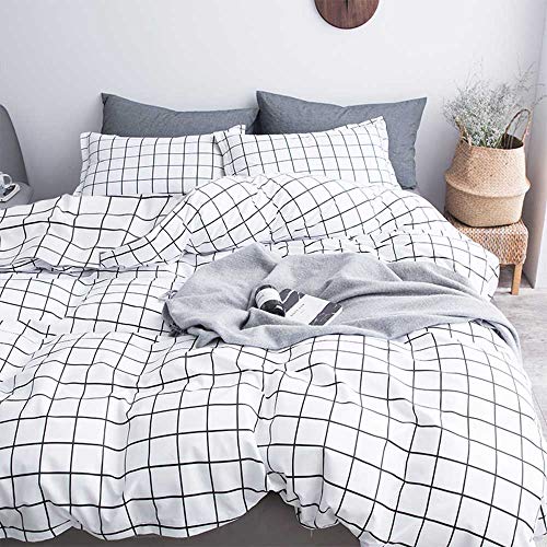  Queen Duvet Cover Set Grid, 90x90 Soft Bedding Cover, Luxury Cool Lightweight Microfiber 3pc Set (1 Cover 2 Pillowcase) With Zip, Tie - Modern Style Bed Quilt Cover For Decor, Plaid White