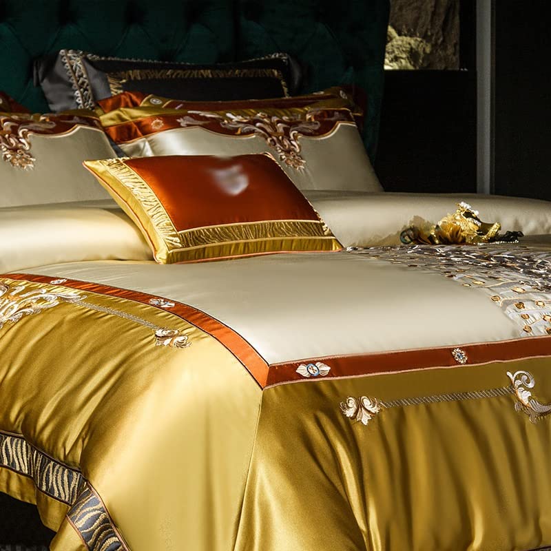  LEIGE Tribute Satin Four-Piece Set Palace Embroidery Silk Cotton Bedding Bed Cover (Color : D, Size : 220 * 240cm)