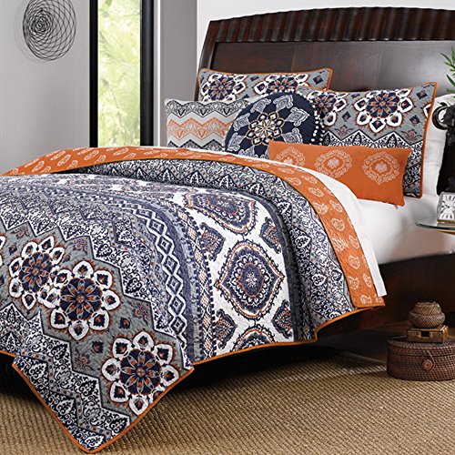  Finely Stitched Boho Chic Moroccan Paisley Pattern Grey Orange Cotton 3 Piece King Size Quilt Bedding Set - Includes Bed Sheet Straps