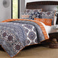  Finely Stitched Boho Chic Moroccan Paisley Pattern Grey Orange Cotton 3 Piece King Size Quilt Bedding Set - Includes Bed Sheet Straps