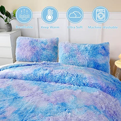  Blue Faux Fur Comforter Set Twin Size, 3Pcs Tie Dye Rainbow Fluffy Comforter Bedding Set, Plush Shaggy Flannel Velvet Furry Bed Comforter Set For Girls (Blue Ombre, Twin)